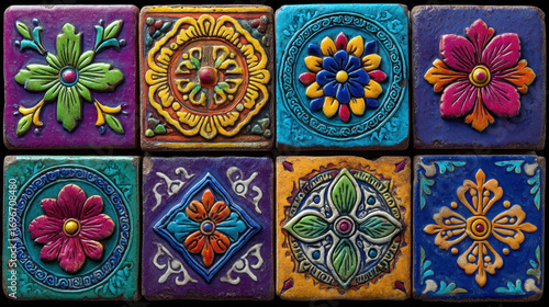 A colorful tile with a flower design on it. The tile is part of a larger set of tiles with various designs