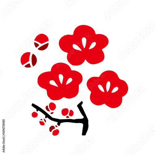 手描きのレトロな梅の花の和風素材｜梅,花,蕾,お正月,年賀状,和,