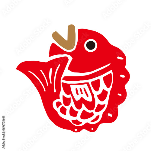 レトロな手描きの鯛の縁起物の和風イラスト素材｜鯛,魚,正月,年賀状