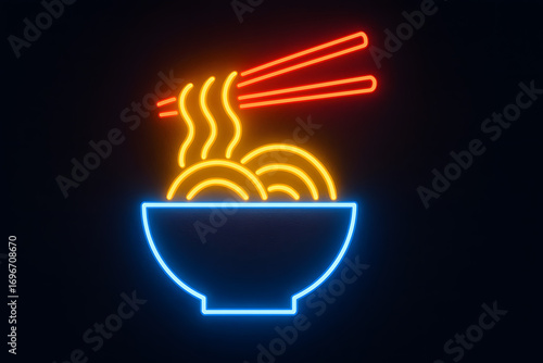 Glowing neon noodle bowl with chopsticks, steaming ramen food symbol in vibrant light, Asian cuisine restaurant sign design, hot soup icon luminous art, modern digital glowing food illustration on dar