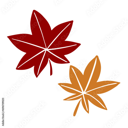 レトロな手描きの紅葉の和風イラスト素材｜秋,葉っぱ