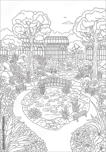 Wallpaper Mural Detailed tranquil botanical garden illustration with greenhouse and a winding path artwork Torontodigital.ca