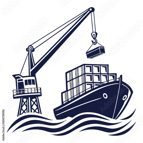 Marine Logistics Unveiled: A stylized depiction of a cargo ship being loaded at a port, showcasing a crane's precise movement and the essence of maritime trade.