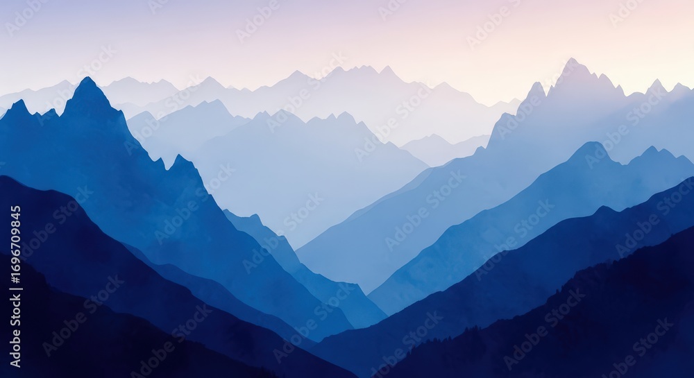 Fototapeta premium Illustration of layered blue mountains in silhouette against a soft pastel sky