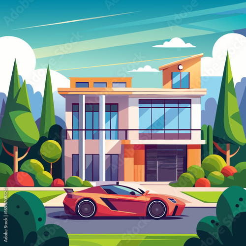 Modern luxury mansion estate with sleek sports car on sunny day vector illustration
