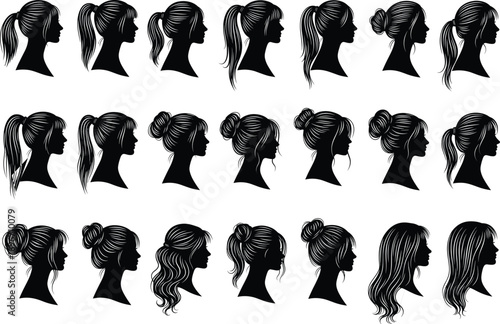 Silhouettes of Female Head Profiles with Various Hairstyles, Elegant Hair Design Vector for Beauty, Fashion, Salon, and Haircut Concepts