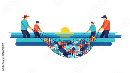 Coastal Bounty: A collaborative group of fishermen haul in a plentiful catch of vibrant fish, their silhouettes set against the backdrop of a calm sea and the rising sun.