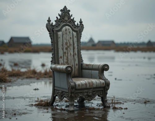 Majestic throne chair sits abandoned in flooded landscape evoking themes of decay and lost power