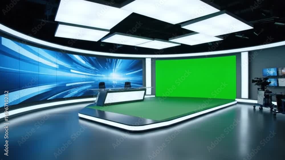 Sleek digital news channel studio with curved LED walls and light ...