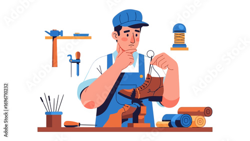 Artisan's Craft: An illustration of a focused artisan, deeply engrossed in the intricate art of shoemaking, meticulously inspecting a leather boot.