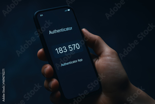 Authenticator app display showing six digit code multi factor authentication password security on smartphone held in hand with dark background