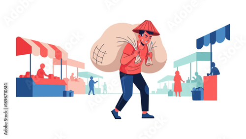 Market Day Burden: A determined individual navigates a bustling marketplace, bearing a heavy sack upon their shoulders, showcasing the resilience and everyday challenges of commerce.