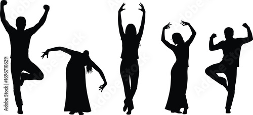 Silhouettes of Men and Women Dancing Gracefully in Various Poses Vector Illustration for Art, Performance, Celebration, Movement Design
