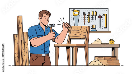 Crafting Comfort: A skilled craftsman meticulously shapes a wooden chair with a hammer and chisel, surrounded by tools of his trade, in a well-lit workshop setting. 
