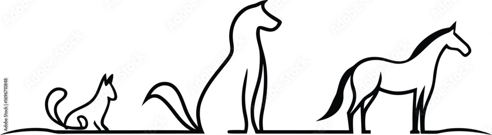 Obraz premium Stylized outline drawings of a squirrel dog and horse on white Keywords: animal, silhouette, outline