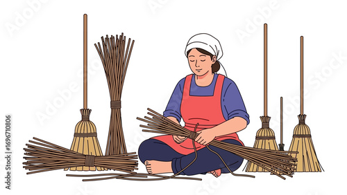 Artisan's Craft: A focused artisan, donned in a traditional attire, meticulously crafts brooms. This illustration highlights dedication and preserving traditional craftsmanship.