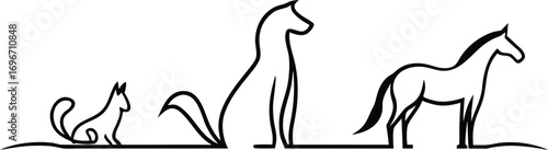 Stylized outline drawings of a squirrel dog and horse on white Keywords: animal, silhouette, outline