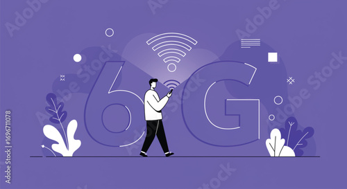 A modern, flat design illustration depicts a person walking while using a smartphone, highlighting the concept of 6G mobile technology. EPS Vector