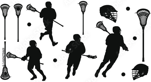 lacrosse players action poses equipment helmets balls silhouette