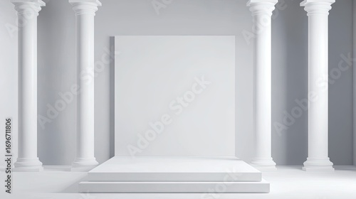 Minimalist white interior with columns and backdrop