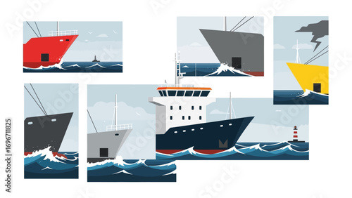 Naval Armada in Passage: A collection of diverse maritime vessels navigate open waters, showcasing varied hull colors.
