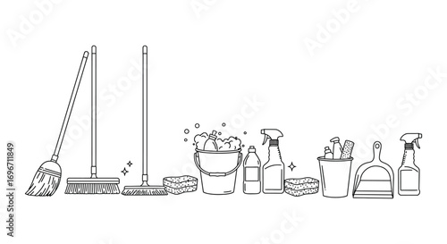 cleaning tools lined up neatly showing brooms mops silhouette