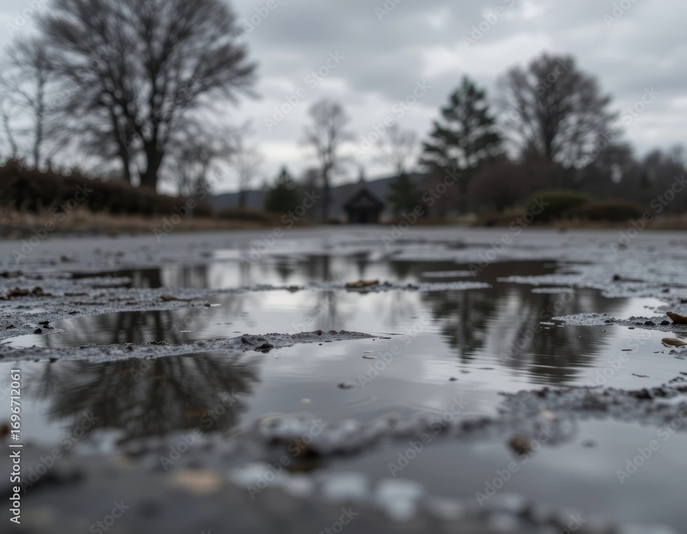 Fototapeta premium Reflective puddles mirror bare trees and overcast sky in moody, quiet landscape scene