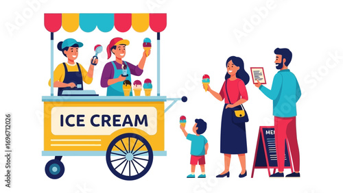Cool Treat in Summer: A cheerful ice cream vendor serves delighted customers, illustrating a sweet summer day with a variety of flavors and moments of pure happiness.
