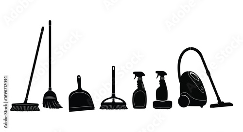 cleaning tools lined up neatly showing brooms dustpans vacuum silhouette