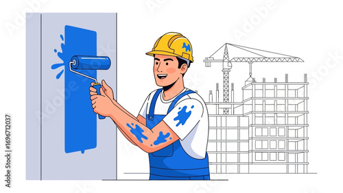 Painting Progress: A construction worker, donned in protective gear, meticulously applies blue paint to a wall, with the nascent silhouette of a building in the background