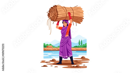 Woman Carrying Hay Bale: A woman balances a bundle of hay on her head, showcasing strength, rural life, and the dedication of farm work against a simple backdrop.