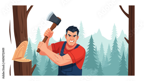 Lumberjack's Task in Forest: A determined lumberjack, wielding an axe with practiced precision, tackles a towering tree within the heart of a serene woodland landscape.