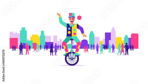 Circus Performer's City Ride: A spirited circus performer balances on a unicycle, leading a cheerful parade through a vibrant city scene. Witness the spectacle!