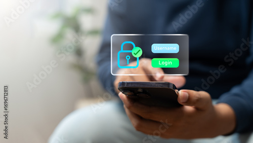 Secure login interface on smartphone showing digital identity verification, password protection, and user authentication for modern cybersecurity and online data privacy solutions.