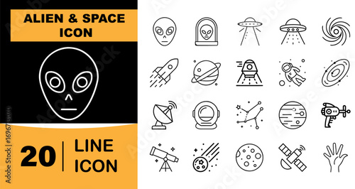 Collection of 20 alien and space themed line icons for digital and print applications