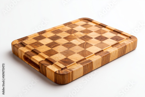 Handcrafted wooden cutting board with end grain checker pattern. End grain butcher block surface isolated on white background, highlighting the natural wood textures.
