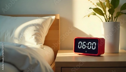 Gentle morning sun illuminates a cozy bedroom with a bedside digital clock set to 6 AM