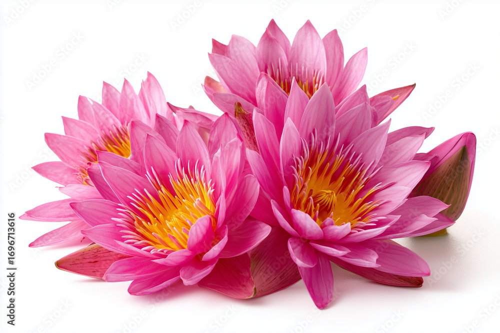 Obraz premium Pink water lilies in full bloom with vibrant petals. Aquatic floral beauty isolated on white background, highlighting delicate texture and natural elegance. 