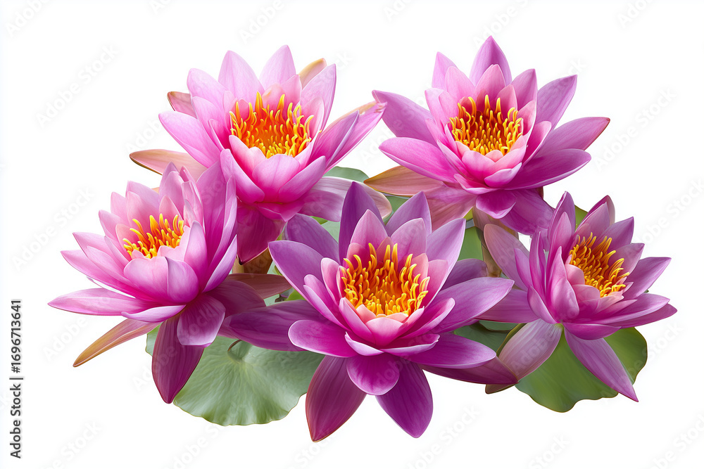 Obraz premium Pink water lilies in full bloom with vibrant petals. Aquatic floral beauty isolated on white background, highlighting delicate texture and natural elegance. 