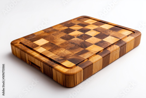 Handcrafted wooden cutting board with end grain checker pattern. End grain butcher block surface isolated on white background, highlighting the natural wood textures.
