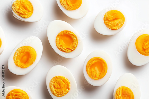 Sliced hard-boiled eggs arranged in a scattered pattern. Protein-rich egg halves isolated on white background, showcasing vibrant yolks and clean simplicity.