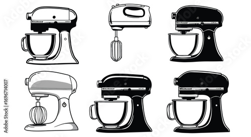 various kitchen mixers displayed in black and white silhouette