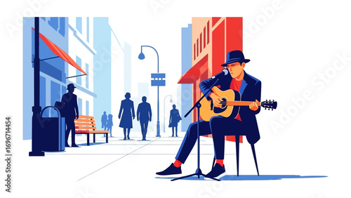 Urban Melodies: A lone busker serenades the city with music, seated in the heart of the bustling streets. He strums a guitar, captivating passersby with heartfelt chords.