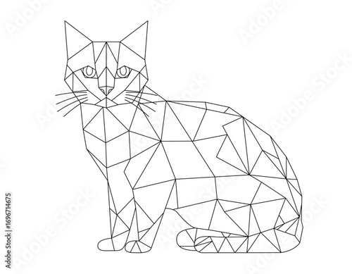 猫のポリゴン風線画イラスト、幾何学模様を使ったモダンなデザイン