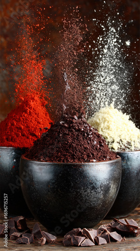 Vibrant Spices and Chocolate in Bowls Capturing Culinary Essence