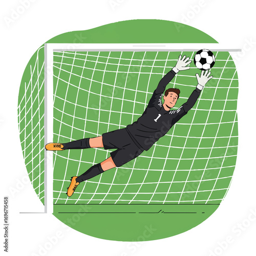A dynamic 2D flat vector illustration captures a male goalkeeper executing a spectacular diving save, fully extended to block a fast-approaching soccer ball, with a subtle goal net in the background.