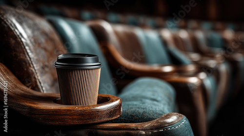 Cozy Coffee Cup on Armrest in Vintage Movie Theater Seats