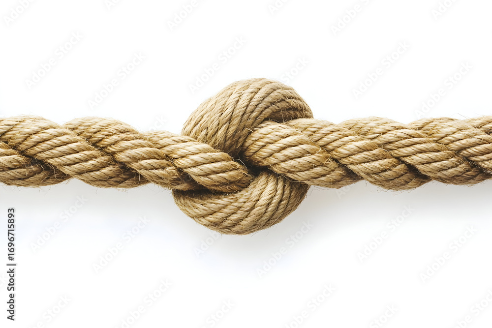 Fototapeta premium Close-up of thick twisted natural rope knot on white background