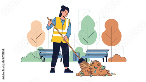 Caring for the community: An illustrated scene of a woman diligently sweeping fallen leaves, with a sense of commitment and a bright yellow vest highlighting the essence of this act