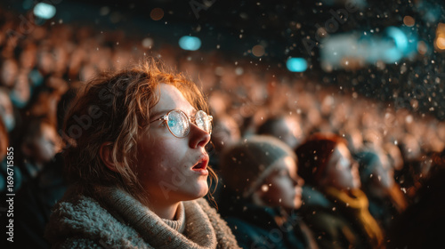 Captivated Audience Gazing in Awe at Spectacle Amidst Falling Snowflakes